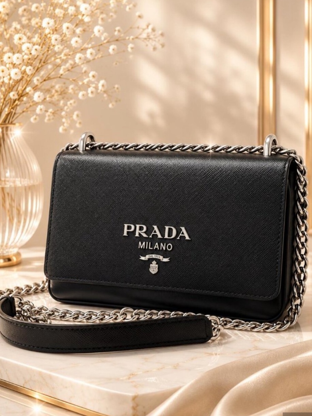 Prada Black Saffiano Leather Chain Crossbody Bag